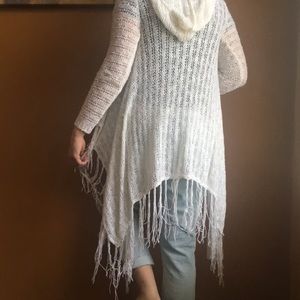 White cardigan sweater with hood